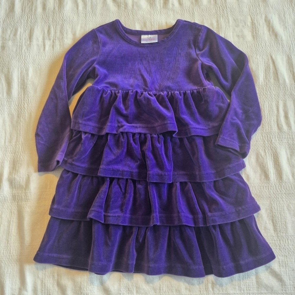 Hanna Andersson girls size 110 or 5 purple velour long sleeve ruffle dress VGUC
